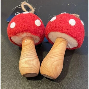 Red White Polka Dot Felt Wood Mushroom Toadstool Ornaments Christmas Set Of 2 #3